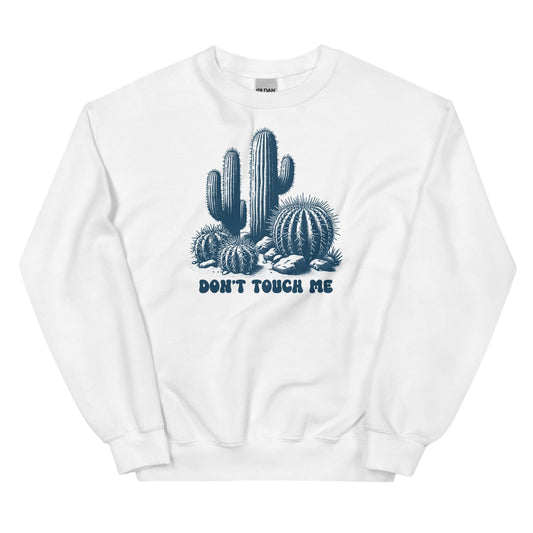 White asexual sweatshirt with a cactus graphic and 'Don't Touch Me' text on a white background