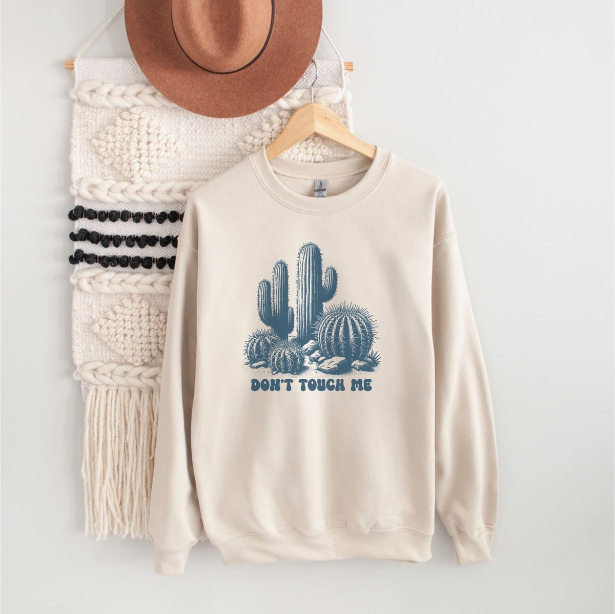Beige asexual sweatshirt with cactus design and 'Don't Touch Me' text on a white wall with decorative elements.