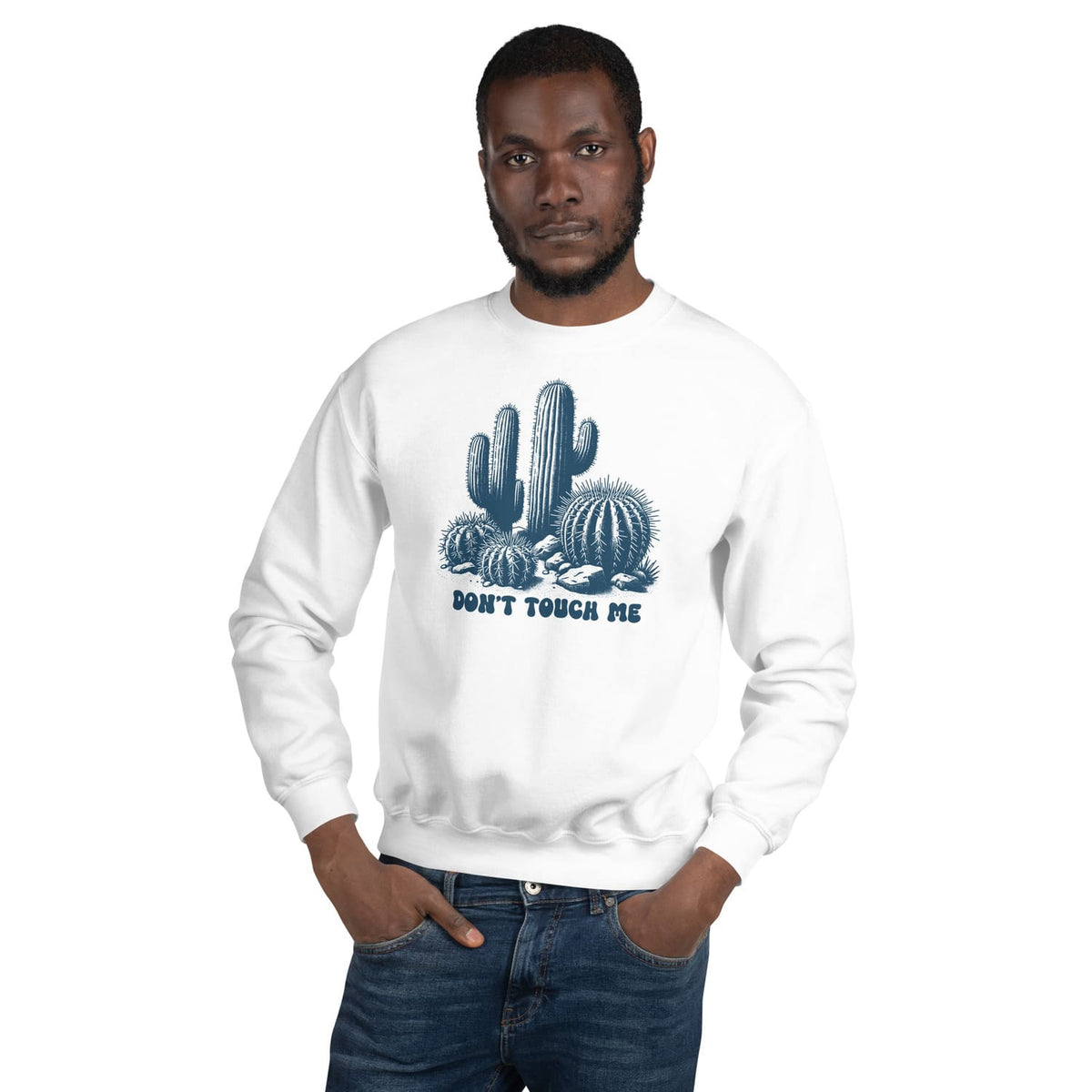Man wearing a white asexual sweatshirt with cactus design and 'Don't Touch Me' text on a white background