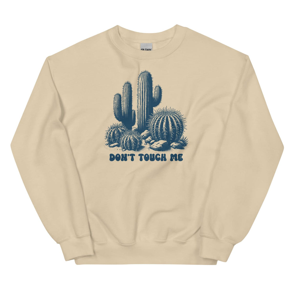 Beige asexual sweatshirt with a cactus graphic and 'Don't Touch Me' text on a white background