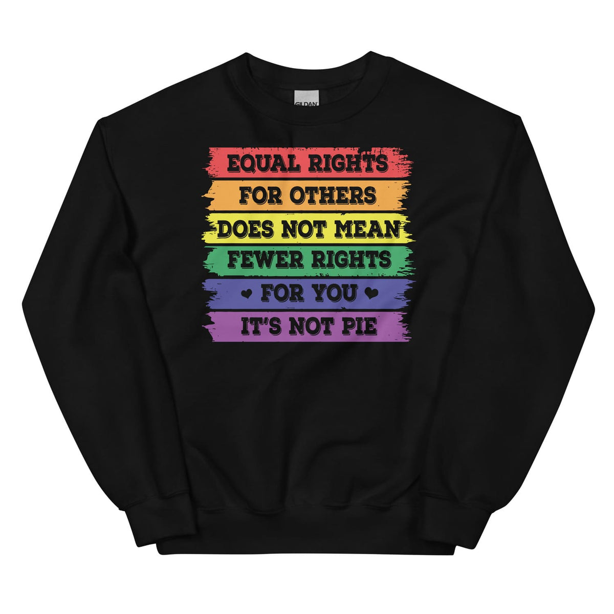 Black pride LGBTQ sweatshirt with rainbow-colored text on a white background