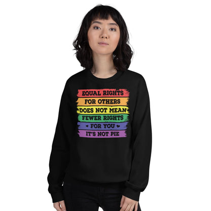 Person wearing a black LGBT pride sweatshirt with rainbow-colored text on a white background