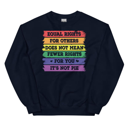 Navy pride sweatshirt with rainbow-colored text on a white background