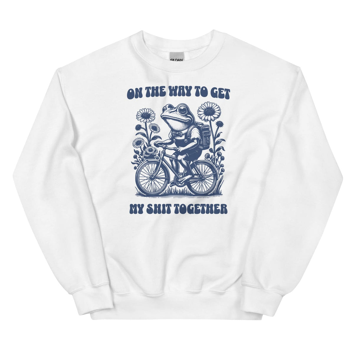 White mental health sweatshirt with a graphic of a frog riding a bike and text on a white background