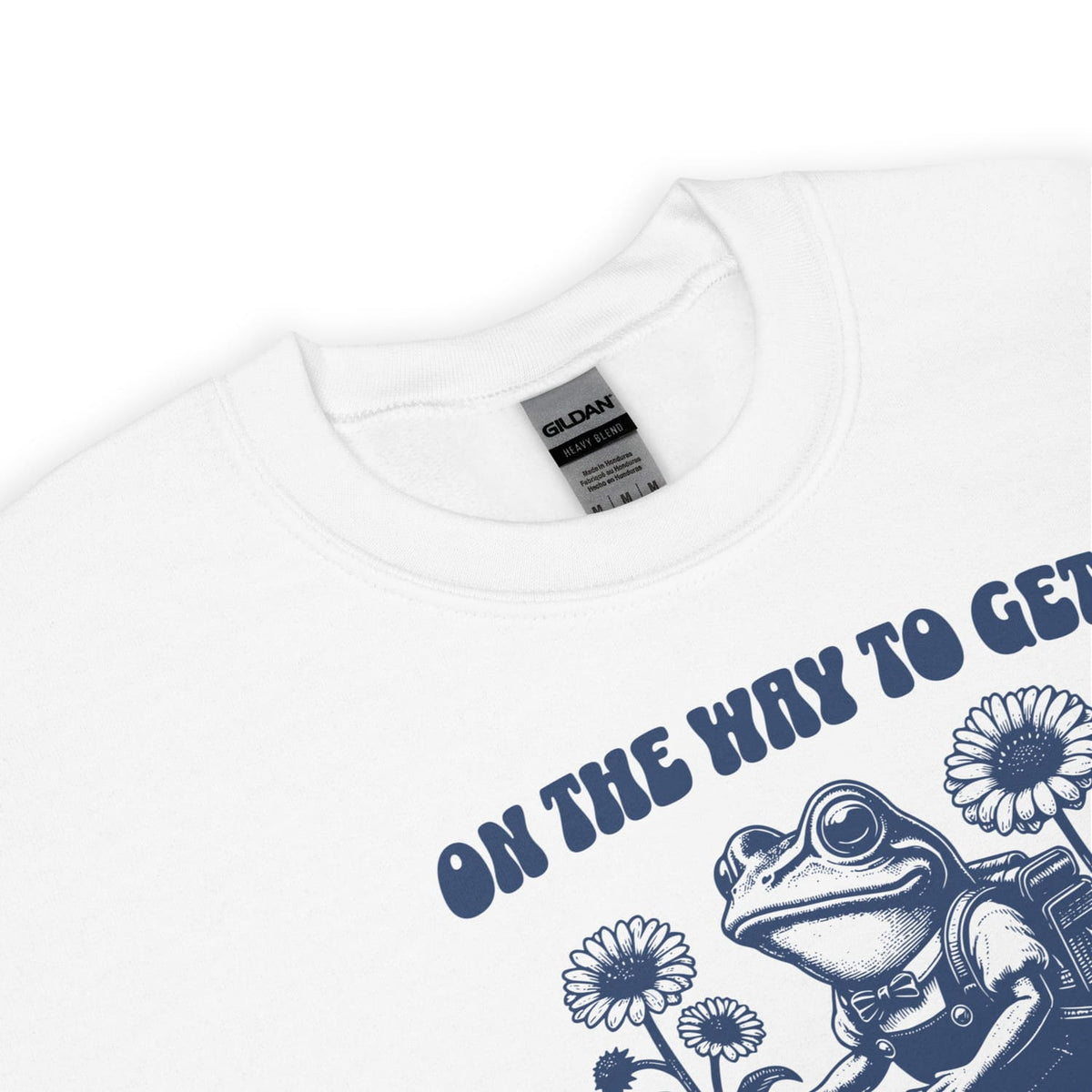 White mental heath sweatshirt with a frog graphic and text on a white background