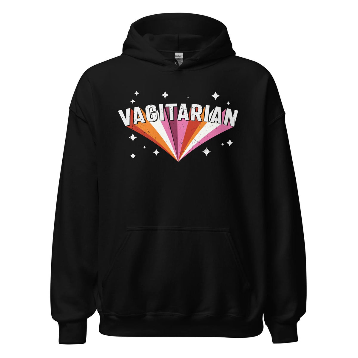 Black funny lesbian hoodie with 'VAGITARIAN' text and rainbow design on a white background