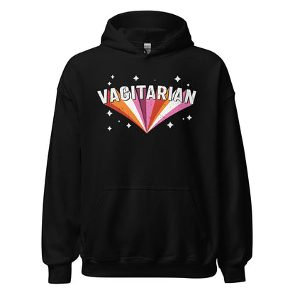 Black funny lesbian hoodie with 'VAGITARIAN' text and rainbow design on a white background
