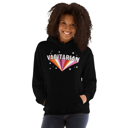 Person wearing a black lesbian hoodie with 'VAGITARIAN' design on a white background