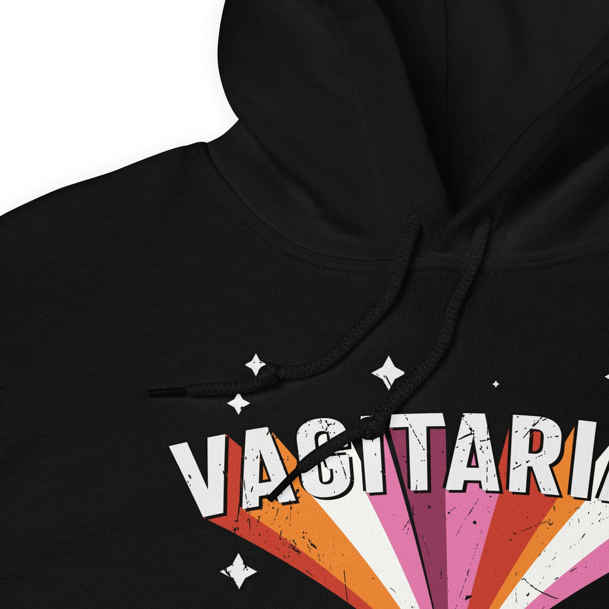 Black funny lesbian hoodie with 'Vagitarian' design on a white background