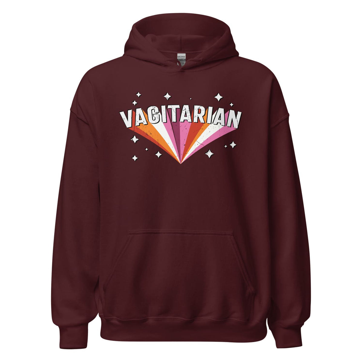 Maroon lesbian hoodie with 'VAGITARIAN' graphic on a white background