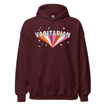 Maroon lesbian hoodie with 'VAGITARIAN' graphic on a white background