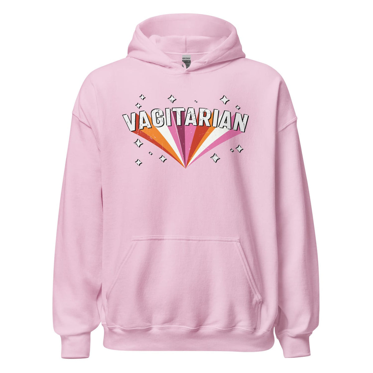 Pink lesbian hoodie with 'Vagitarian' graphic design on a white background