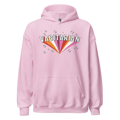 Pink lesbian hoodie with 'Vagitarian' graphic design on a white background