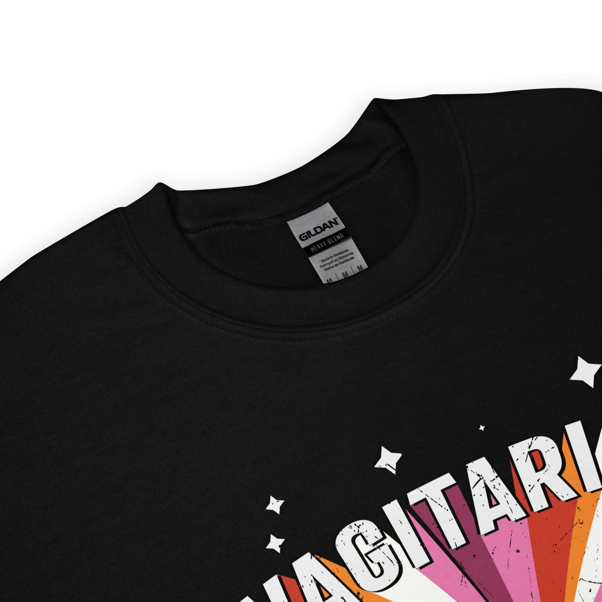 Lesbian sweater with colorful graphic design and 'Vagitarian' text on a white background