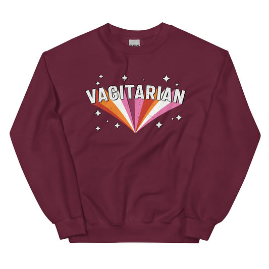 Maroon lesbian WLW sweatshirt with 'Vagitarian' graphic design on a white background