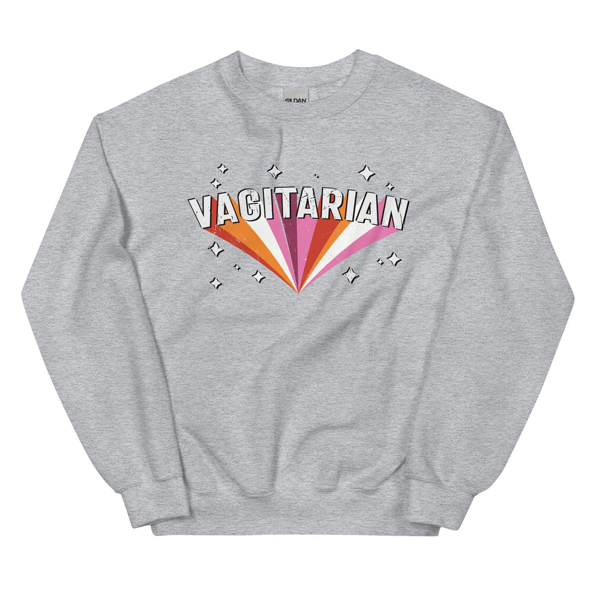 Gray funny lesbian sweatshirt with 'VAGITARIAN' graphic design on a white background