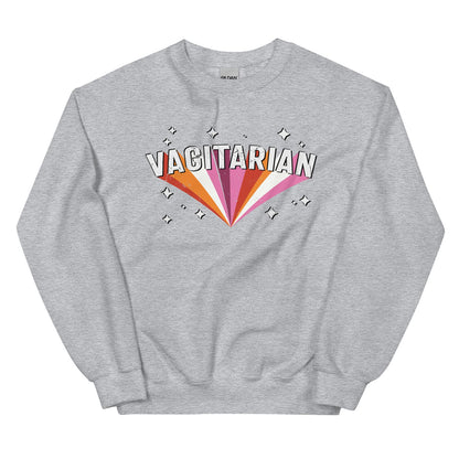 Gray funny lesbian sweatshirt with 'VAGITARIAN' graphic design on a white background