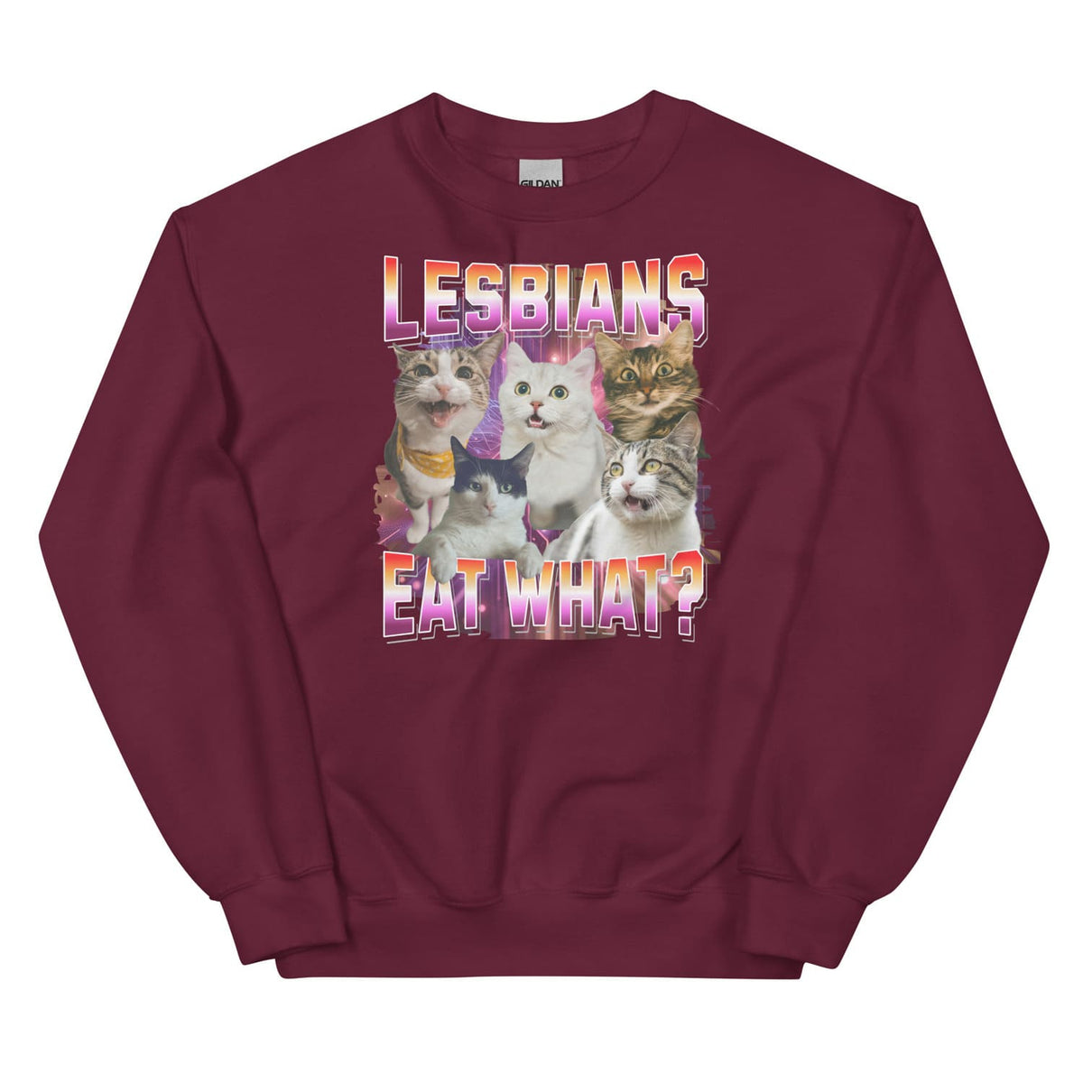 Maroon sweatshirt with cat graphic and text 'LESBIANS EAT WHAT?' on a white background