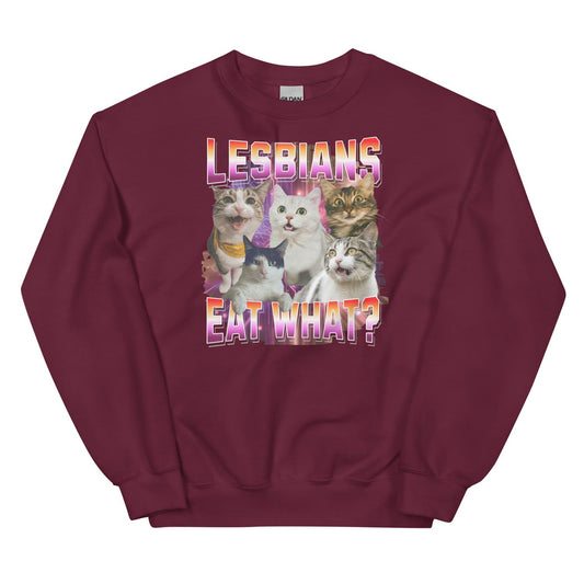 Maroon sweatshirt with cat graphic and text 'LESBIANS EAT WHAT?' on a white background