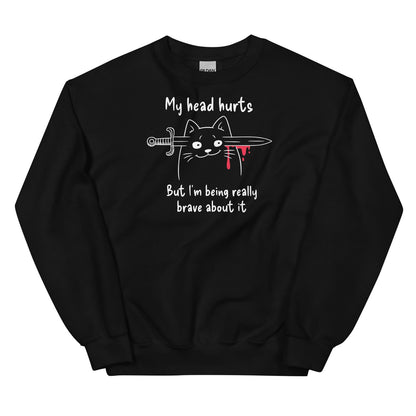 Black migraine or chronic headaches sweatshirt with a graphic of a cat with a sword and text on a white background