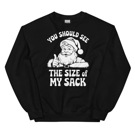 Black sweatshirt with naughty Santa Claus graphic and text on a white background