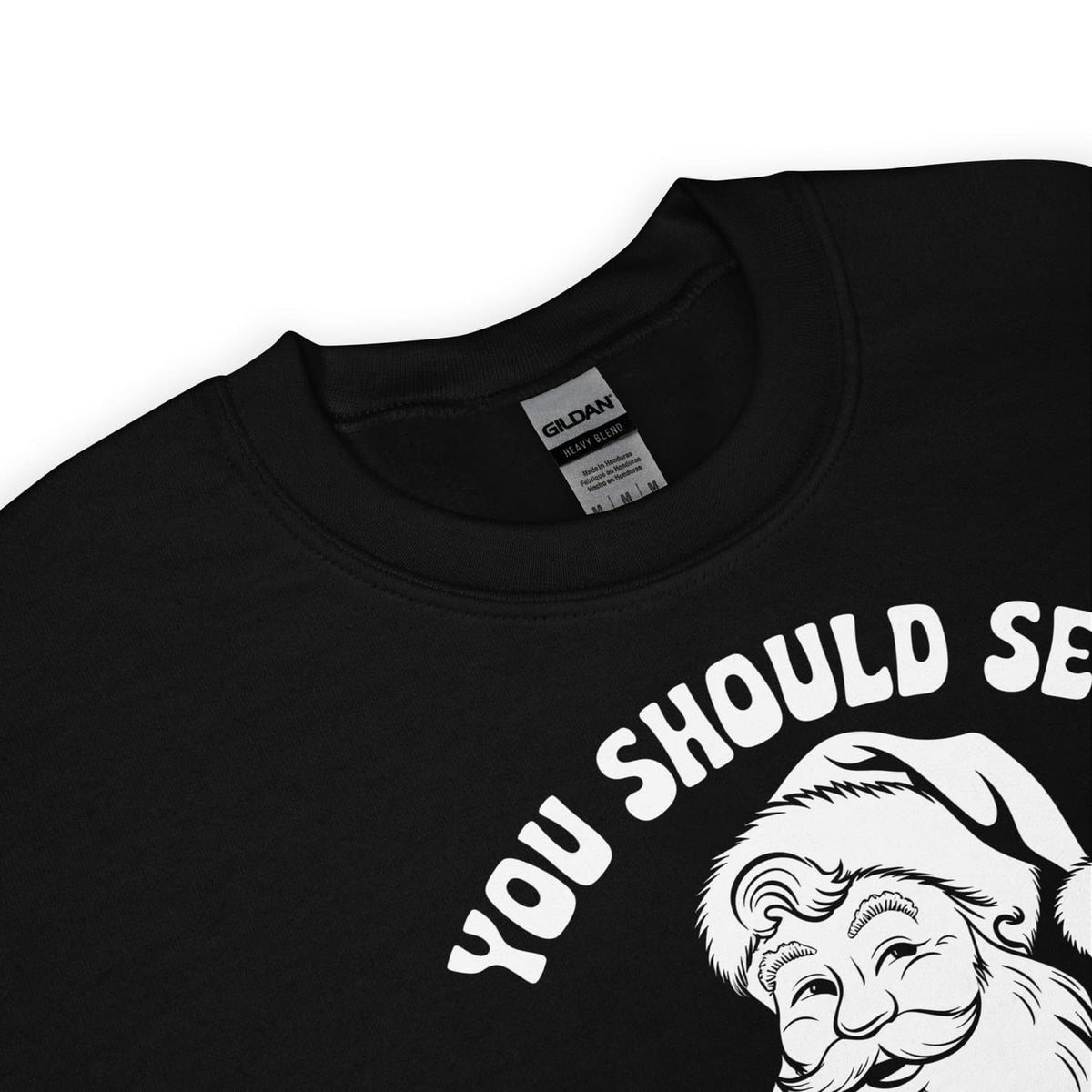 Black sweatshirt with naughty santa graphic and text ' on a white background