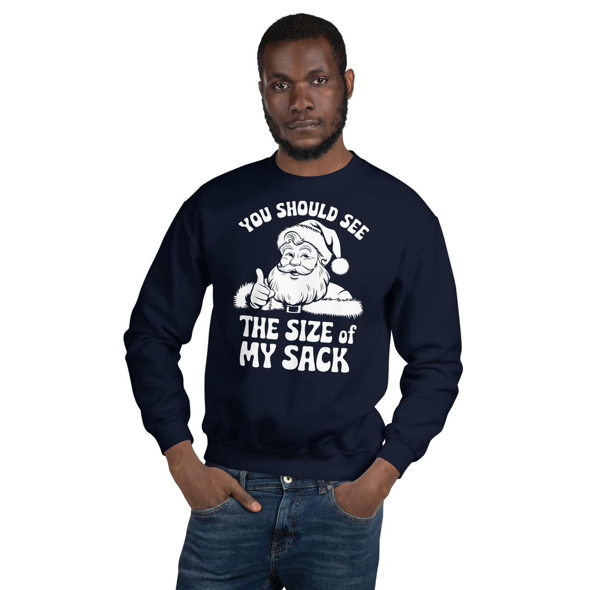 Man wearing a navy blue christmas sweatshirt with naughty santa graphic and text on a white background