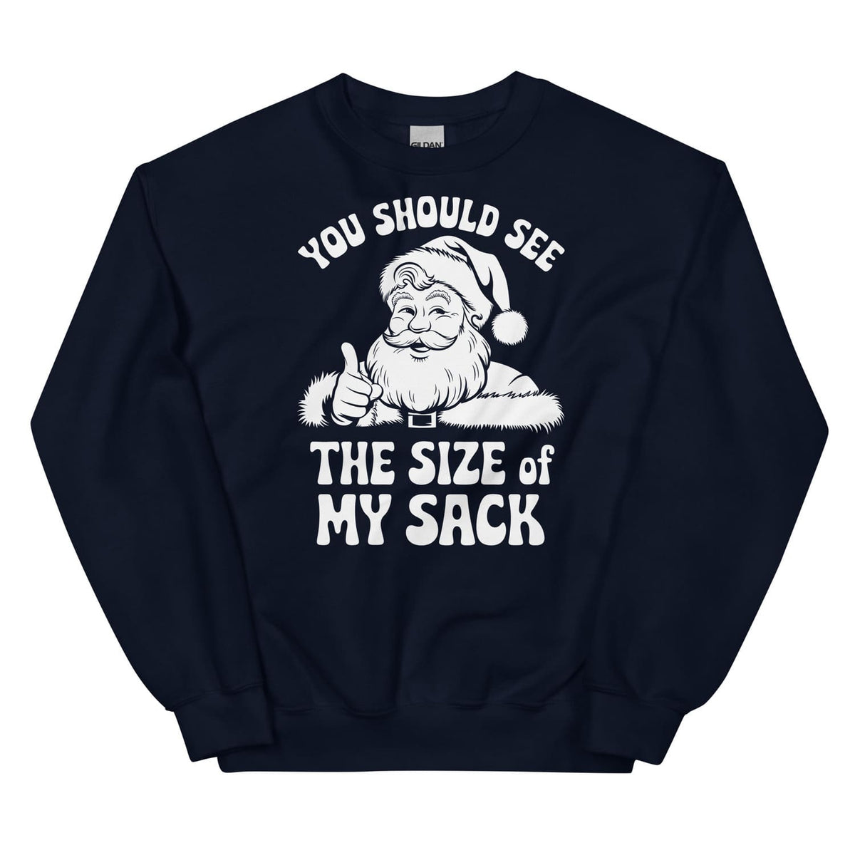 Black sweatshirt with naughty Santa Claus graphic and text on a white background