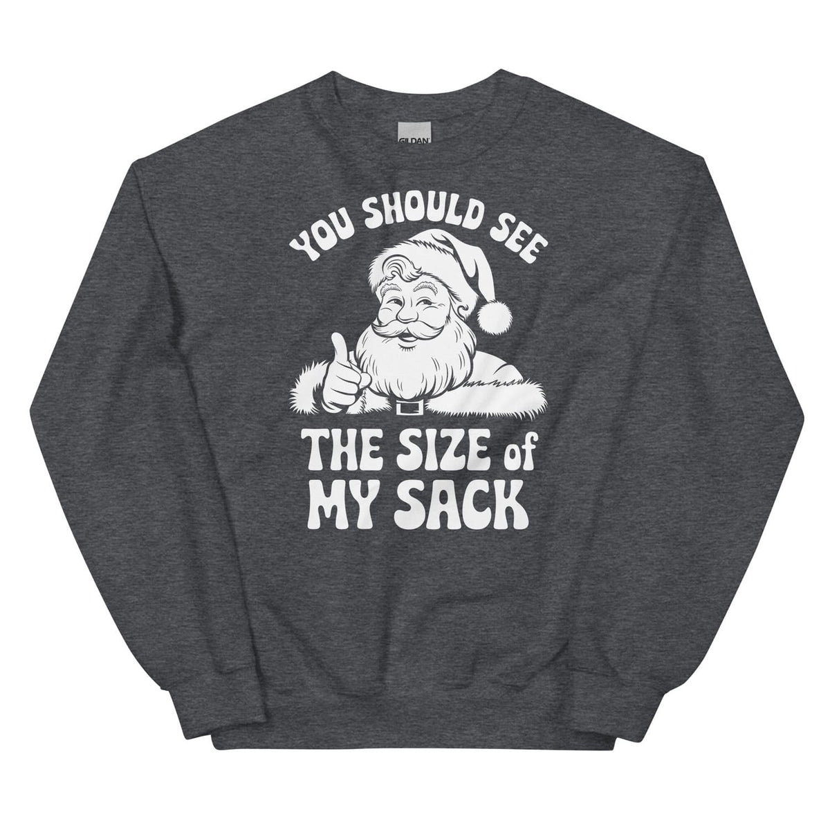 Dark gray sweatshirt with naughty Santa Claus graphic and text on a white background