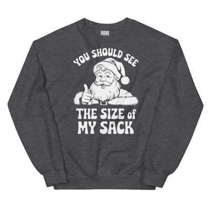 Dark gray sweatshirt with naughty Santa Claus graphic and text on a white background