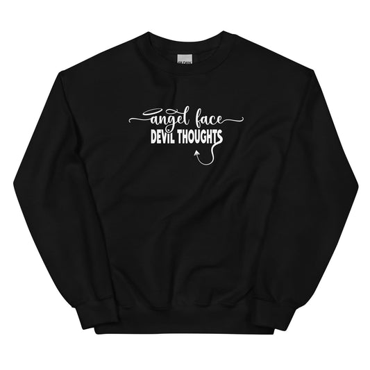 Funny naughty sweatshirt with text angel face devil thoughts, black