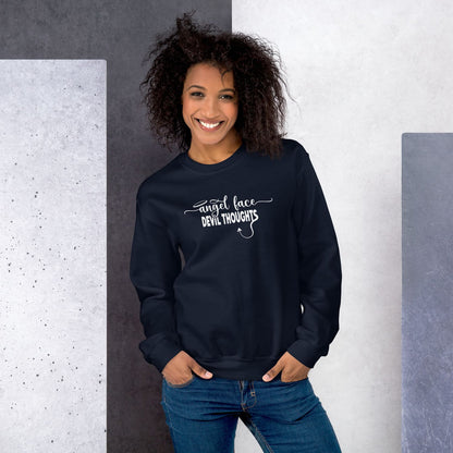 Woman wearing a navy Funny naughty sweatshirt with text angel face devil thoughts