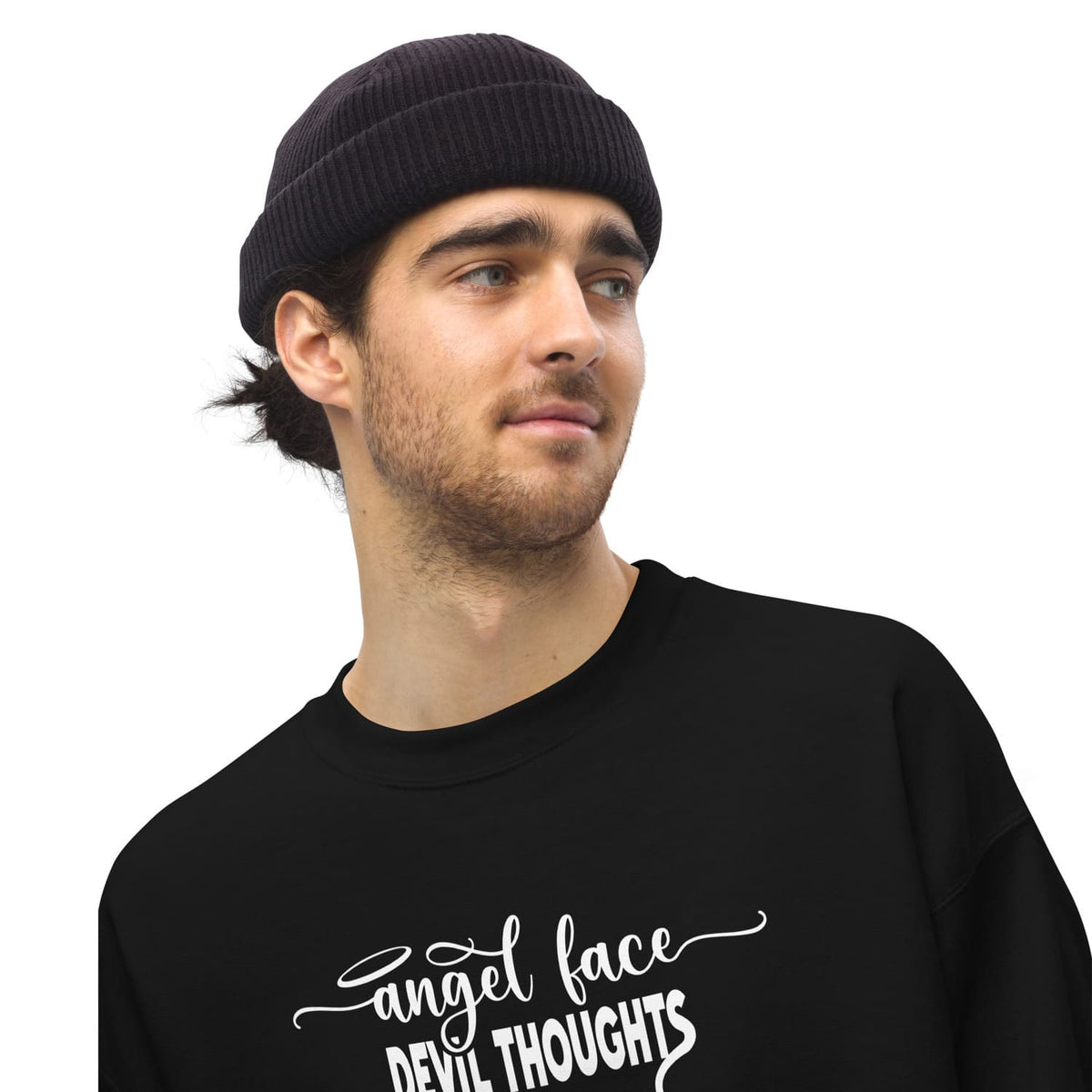 Men wearing a Funny naughty sweatshirt with text angel face devil thoughts