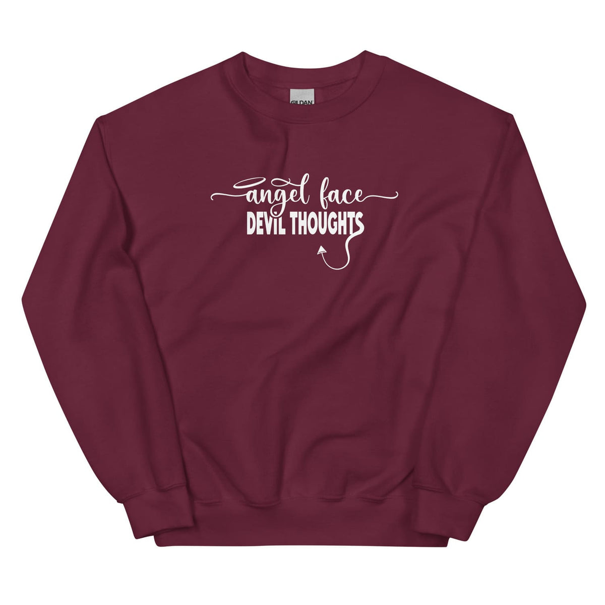 Maroon sweatshirt with white text 'Angel face DEVIL THOUGHTS' on a white background