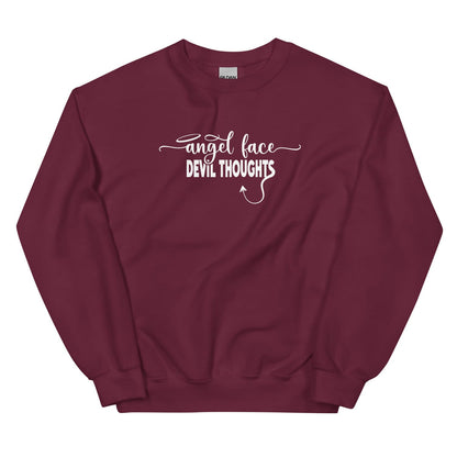 Maroon sweatshirt with white text 'Angel face DEVIL THOUGHTS' on a white background