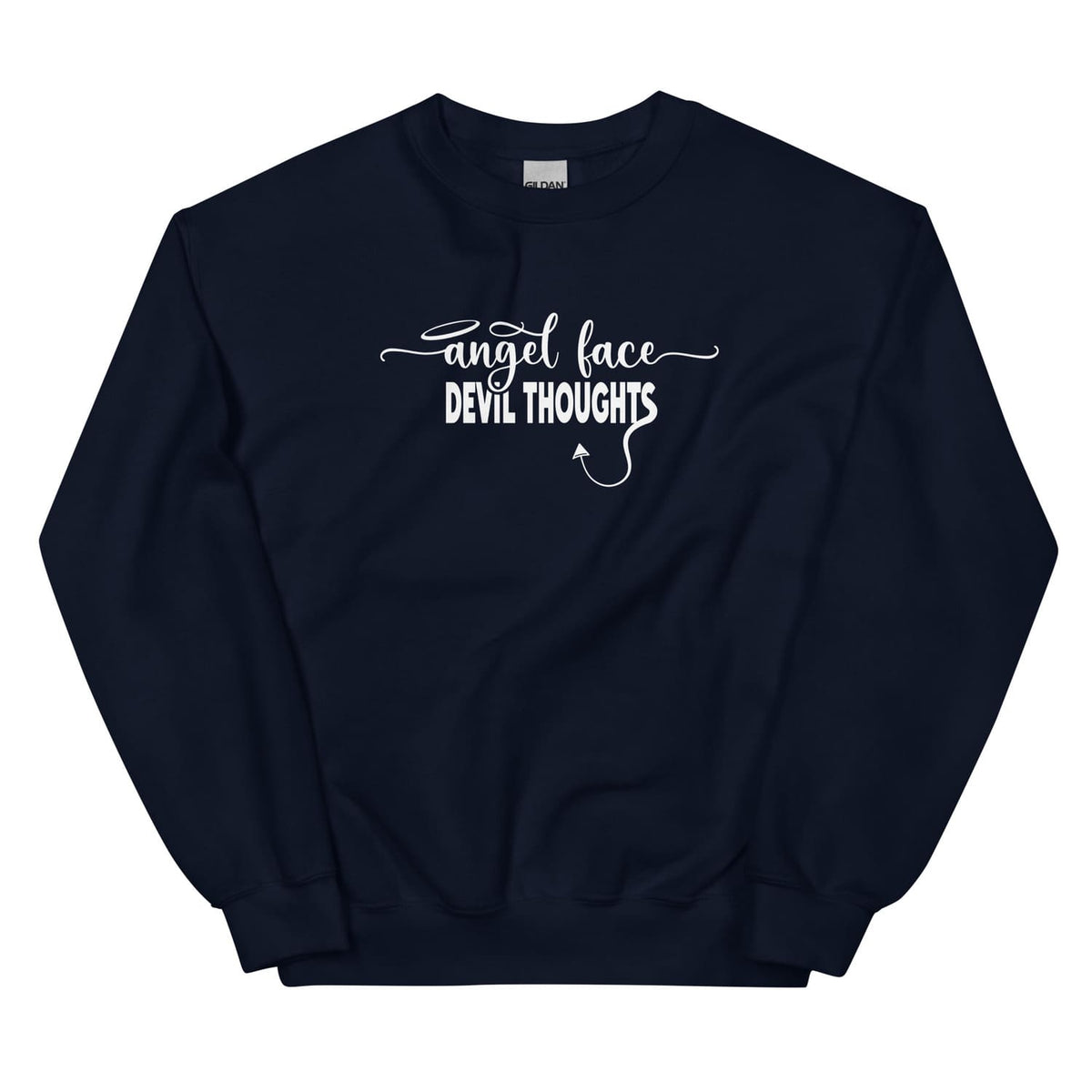 Navy sweatshirt with white text 'Angel face DEVIL THOUGHTS' on a white background