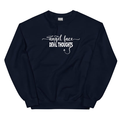 Navy sweatshirt with white text 'Angel face DEVIL THOUGHTS' on a white background