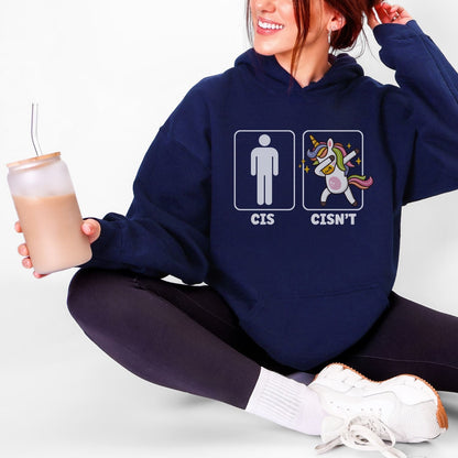 Person wearing a navy hoodie with a funny non cisgender graphic design, holding an iced coffee.