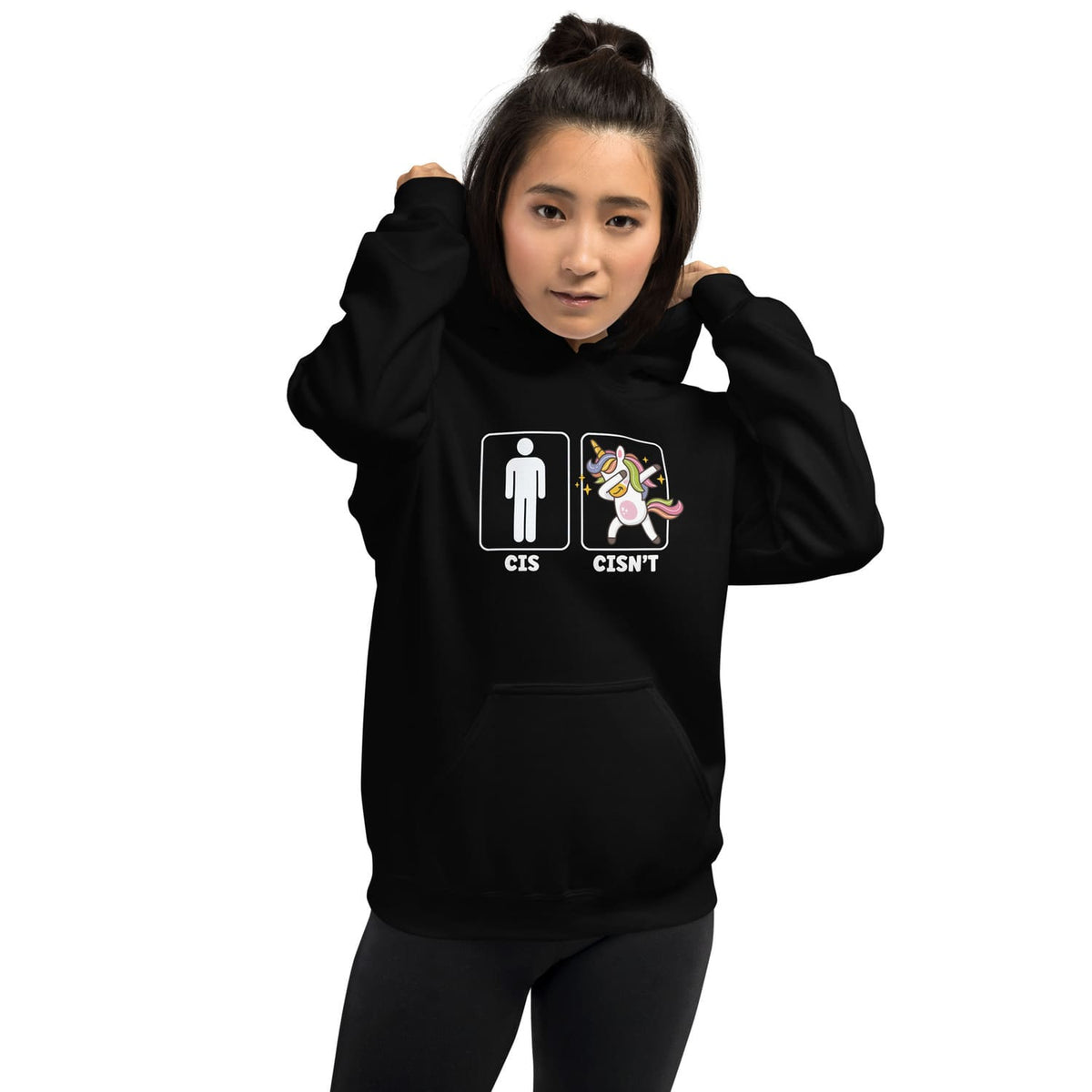 Person wearing a black hoodie with a funny non cisgender graphic on a white background