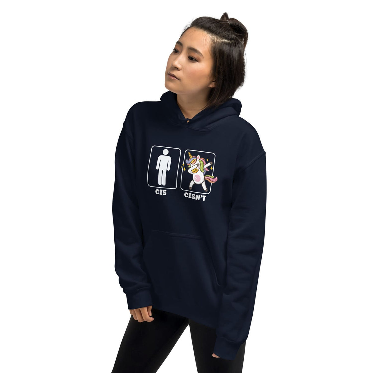 Person wearing a navy hoodie with a funny non cisgender graphic design on a white background