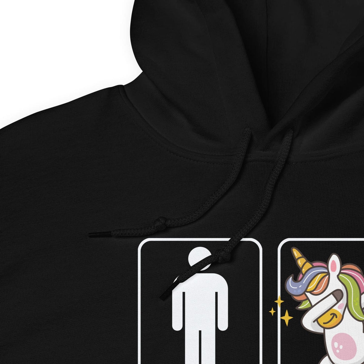 Black hoodie with a funny non cisgender unicorn design on a white background