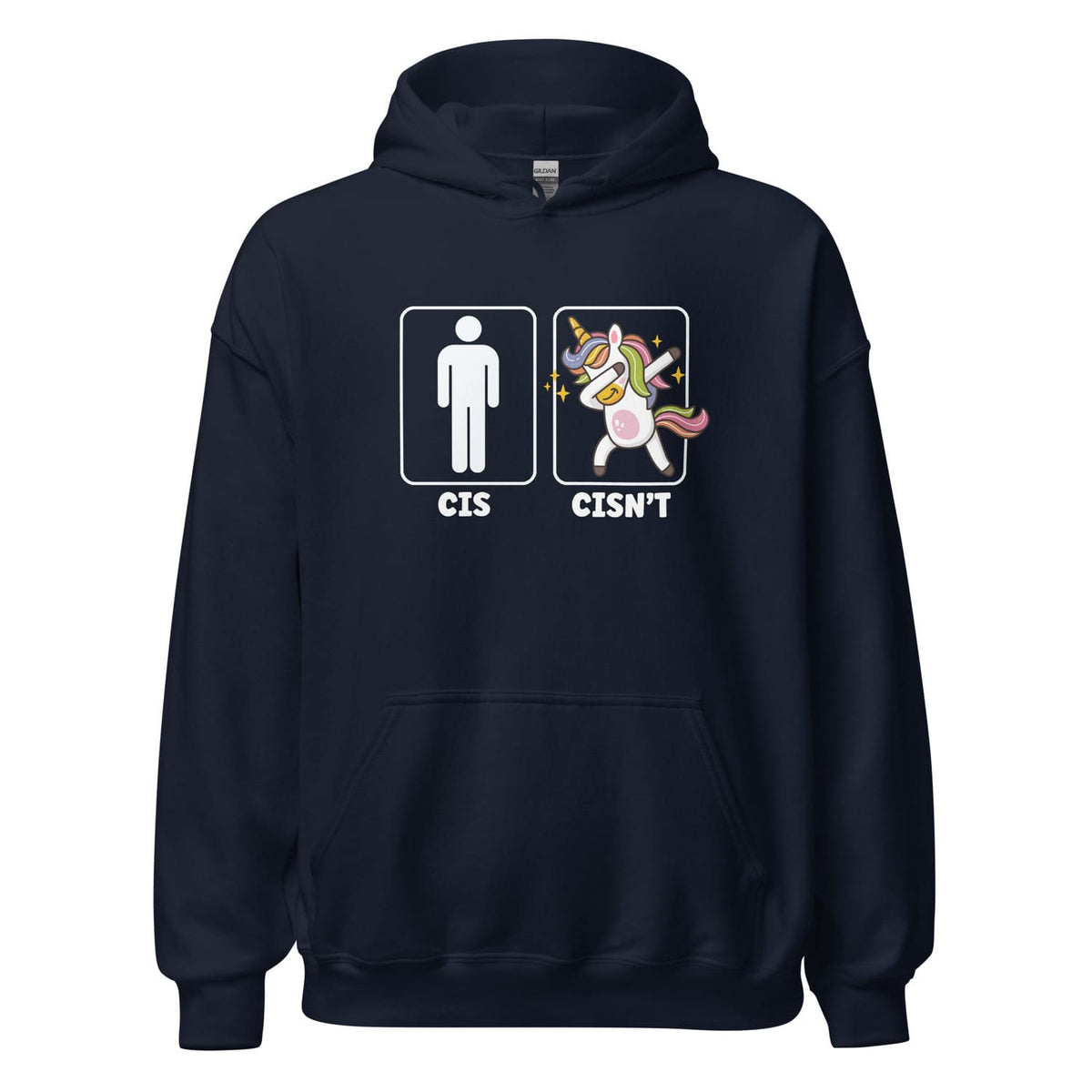 Navy blue hoodie with funny non cisgender graphic design on a white background