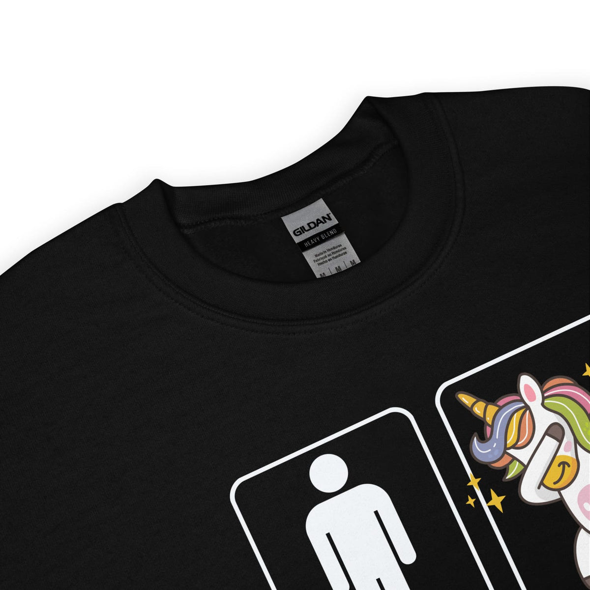 Black queer sweatshirt with a graphic design featuring a person icon and a unicorn with rainbow hair on a white background.