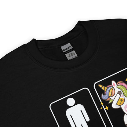 Black queer sweatshirt with a graphic design featuring a person icon and a unicorn with rainbow hair on a white background.