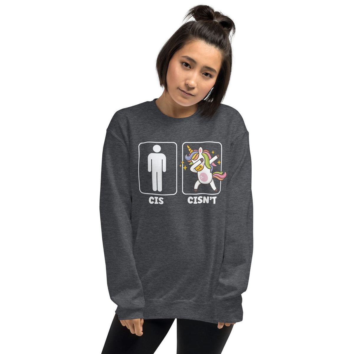 non cisgender Person wearing a dark gray sweatshirt with a graphic design and text on a white background