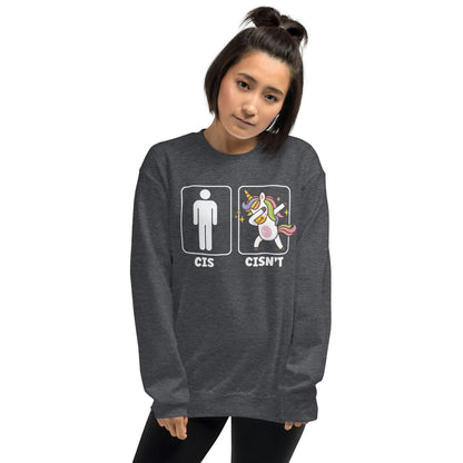 non cisgender Person wearing a dark gray sweatshirt with a graphic design and text on a white background