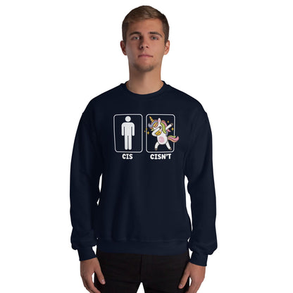 non cisgender Person wearing a navy blue sweatshirt with graphic designs and text on a white background