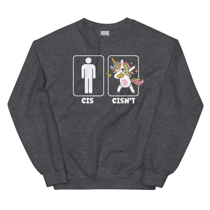 Dark gray sweatshirt with a non cisgender design featuring a unicorn and text on a white background