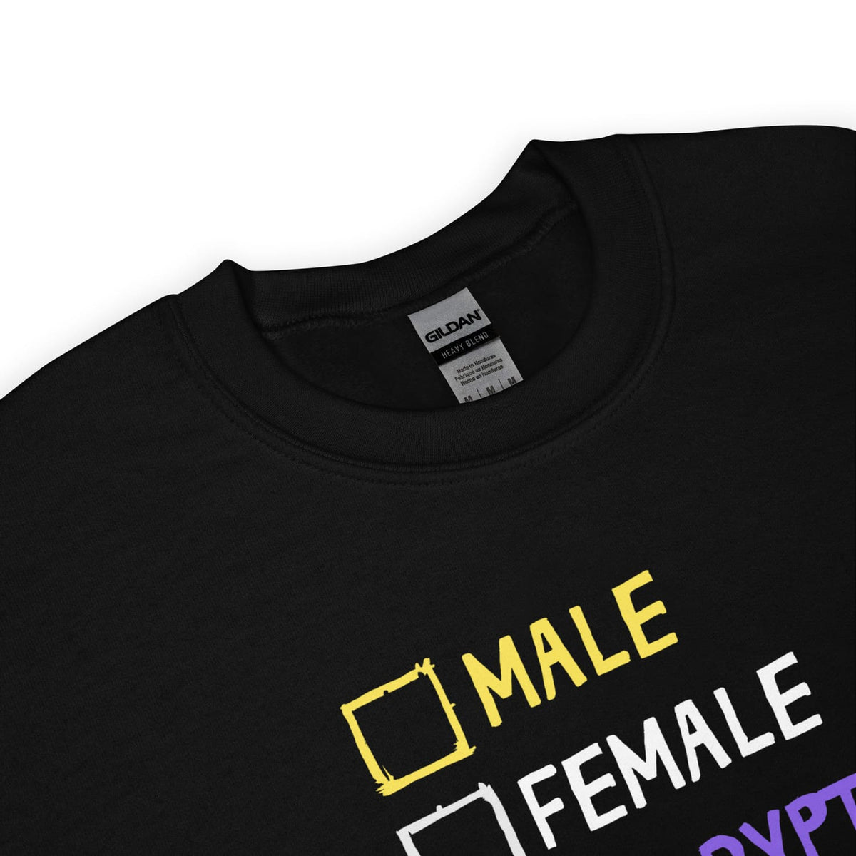 Black non binary cryptid sweatshirt with 'Male' and 'Female' checkboxes in yellow and white on a white background