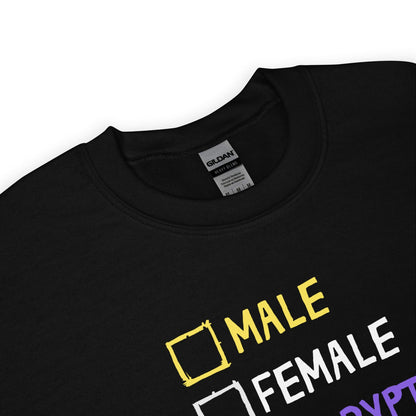 Black non binary cryptid sweatshirt with 'Male' and 'Female' checkboxes in yellow and white on a white background